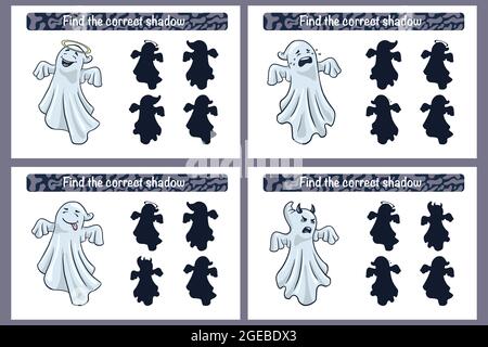 Find correct Ghosts shadow educational game for kids. Shadow matching activity for children with ghosts. Preschool puzzle. Educational worksheet. FInd the correct spooky silhouette game. Premium Vector Stock Vector