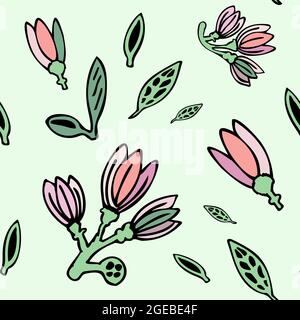 Green seamless pattern with silhouette of a pink blooming flowers and green leaves. Stock Vector