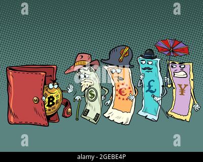 Bitcoin does not allow cash in the wallet the currency of different countries Stock Vector