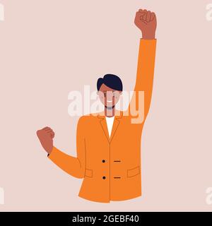 Asian guy in a business suit stands in the winner pose. A confident businessman. Colorful flat vector illustration on isolated background. Eps 10. Stock Vector