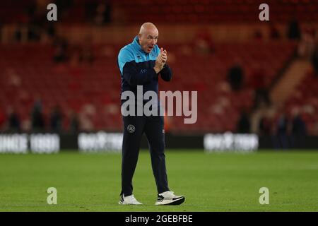 MIDDLESBROUGH, UK. AUGUST 18TH Queens Park Rangers manager Mark Warburton celebrates in front of their fans after during the Sky Bet Championship match between Middlesbrough and Queens Park Rangers at the Riverside Stadium, Middlesbrough on Wednesday 18th August 2021. (Credit: Mark Fletcher | MI News) Credit: MI News & Sport /Alamy Live News Stock Photo