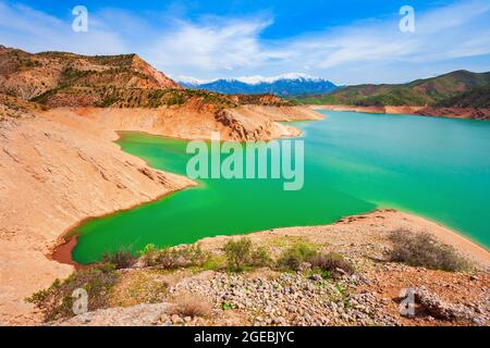 Lake Hisorak is a water reservoir near Shahrisabz city in Uzbekistan Stock Photo