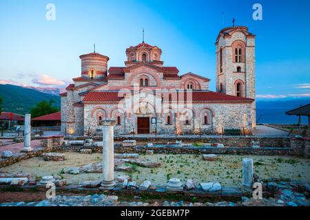 Church of Saints Clement and Panteleimon or Crkva Sveti Kliment Pantelejmon in Ohrid city, North Macedonia at sunset Stock Photo