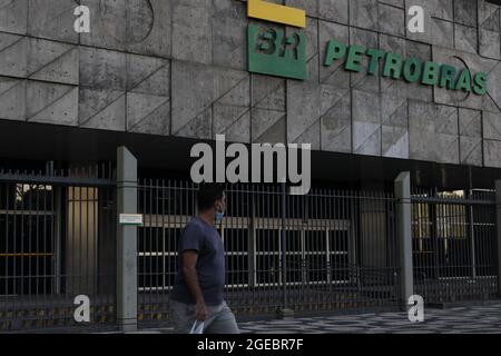 Petrobras oil company logo on building headquarters. Brazilian national state-owned corporation in the petroleum industry - Rio de Janeiro, Brazil 06. Stock Photo