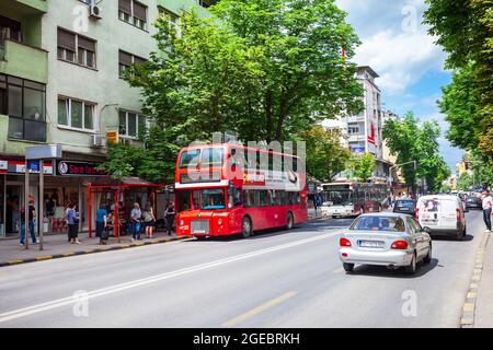 SKOPJE, MACEDONIA - MAY 31, 2013: Double decker red bus designed for Skopje city public transportation, North Macedonia Stock Photo