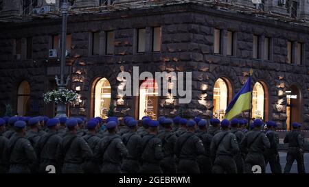 Rehearsal of military parade,formation of troops on occasion of declaration of independence of Ukraine in center of Kiev on Independence Square.30 yea Stock Photo