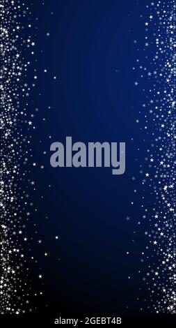 Amazing falling stars Christmas background. Subtle flying snow flakes and stars on dark blue background. Admirable winter silver snowflake overlay tem Stock Vector