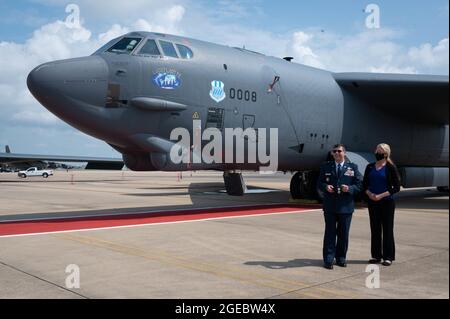 Maj. Gen. Andrew Gebara, incoming 8th Air Force and Joint-Global Strike Operations Center commander, and his wife stand outside of the 8th Air Force commander's B-52H Stratofortress at Barksdale Air Force Base, La., August 16, 2021. Gebara was introduced to his aircraft after he assumed command of the 8th Air Force and J-GSOC. (U.S. Air Force photo by Senior Airman Jovante Johnson) Stock Photo