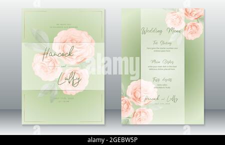 Luxury wedding invitation card template green background with rose bouquet. Vector illustration.Eps10 Stock Vector