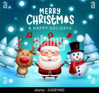 Christmas characters vector design. Merry christmas text with singing santa claus, reindeer and snowman characters in snowy background for xmas. Stock Vector