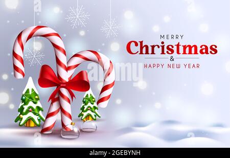 Merry christmas vector background design. Merry christmas greeting text with candy cane and miniature pine tree element for xmas holiday decoration. Stock Vector