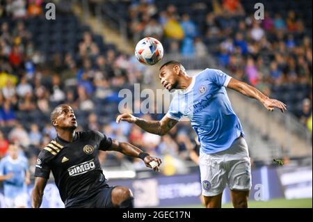 Chester, Pennsylvania, USA. 18th Aug, 2021. (L-R) Philadelphia Union's SERGIO SANTOS in action against MAXIME CHANOT of New York City FC during Major League Soccer action at Subaru Park. (Credit Image: © Ricky Fitchett/ZUMA Press Wire) Stock Photo