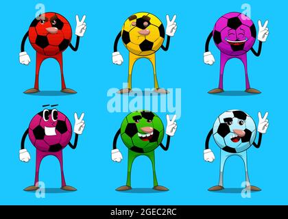 Soccer ball showing the V sign, peace hand gesture. Traditional football ball as a cartoon character with face. Stock Vector