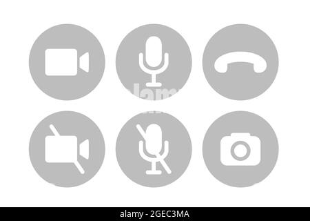 Virtual hangouts icons for conference call. On and off video, sound, camera and call icons isolated on white background. Flat vector illustration Stock Vector