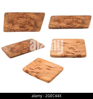 Isolated olive wood chopping boards collage set Stock Photo