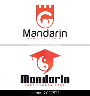 Education Mandarin School with icon shield letter G and yin yang graduation cap logo  Stock Vector