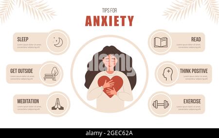 Mental health. Tips for anxiety. Happy woman love herself. Psychology help. Self care concept. Vector illustration in flat cartoon style Stock Vector