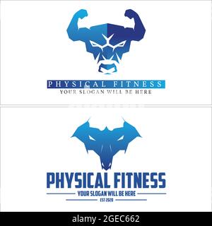Physical fitness with bison muscle bodybuilder combination logo Stock Vector