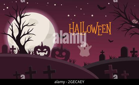 illustration Halloween spooky night background. vector banner halloween. hallowen banner with ornament pumpkin, bat, ghost, tombstone Stock Vector