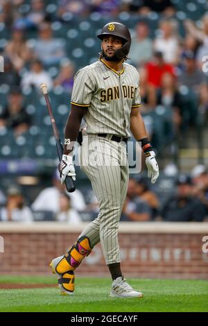 San Diego Padres right fielder Fernando Tatis Jr (23) reacts to striking out during an MLB regular season game against the Colorado Rockies, Tuesday, Stock Photo