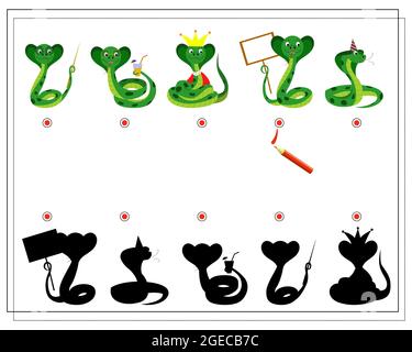 A logical game for children Find the right shadow . cute cartoon snake, vector, isolated on a white background Stock Vector
