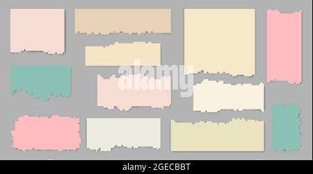 Pieces of different size colorful note, notebook, copybook paper sheets stuck with sticky tape. Vector illustration isolated on gray background Stock Vector