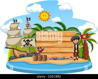 Pirate island with an empty banner isolated on white background illustration Stock Vector