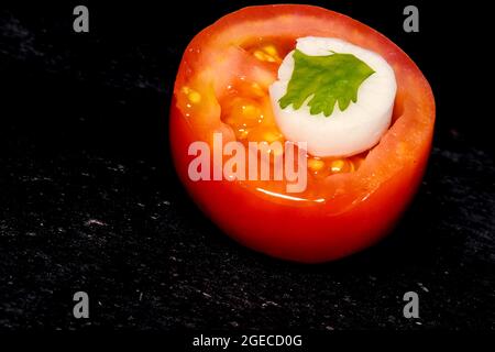 chopped tomato, radish and coriander decorated on the floor, selective focus, symbol of indian tricolor, happy republic day, happy independence day Stock Photo