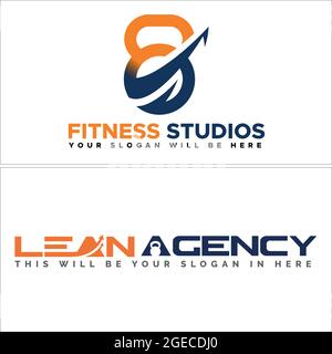 Business consulting gym fitness agency with arrow barbell dumbbell workout logo design Stock Vector