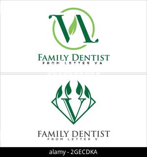 Green leaves diamond shape initial letter health care dentistry logo design Stock Vector