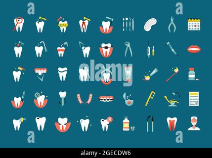 Vector set with flat color dentistry icons Stock Vector