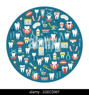Dentistry flat icons in a shape of a tooth with dentist chairs and ...