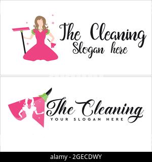 Illustration vector housekeeper with woman holding broom logo design Stock Vector