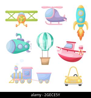 Set of cute cartoon transport. Collection of vehicles for design of childrens book, album, baby shower, greeting card, party invitation, house interio Stock Vector