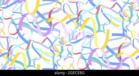 Seamless pattern of falling festive multi colored ribbon. Bright festive tinsel on white background. Design for Birthday Celebration, New Year, Merry Stock Vector