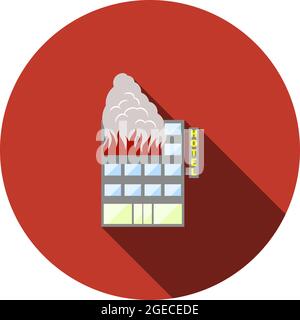 Hotel Building In Fire Icon. Flat Circle Stencil Design With Long Shadow. Vector Illustration. Stock Vector