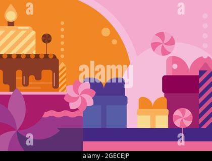 Happy Birthday banner with cake and sweets. Holiday postcard design in flat style. Stock Vector