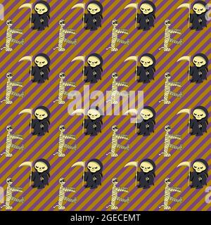 Seamless pattern Halloween party with Mummy and Death Grim Reaper on a diagonal striped background Stock Vector