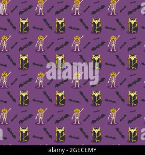 Seamless pattern Halloween party with pumpkin head Skeleton and Dracula among evil bats Stock Vector