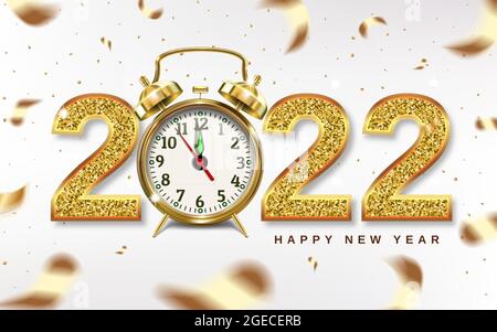 Christmas numbers 2022 with golden alarm clock, arrows point to New Year - concept. Confetti gold. 3D realistic illustration. Light background. Vector Stock Vector