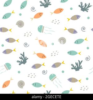 Seamless sea pattern with fish and jellyfish Stock Vector