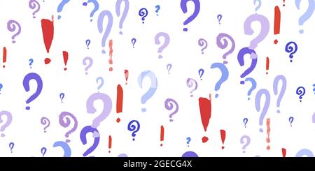 Seamless pattern of question, xclamation marks scattered. Doodle punctuation marks in grunge texture style. Colorful poll template. Design for query b Stock Vector