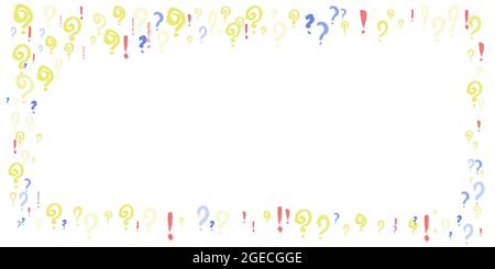 Frame pattern of question, xclamation marks scattered. Doodle punctuation marks in grunge texture style. Colorful poll template. Design for query back Stock Vector