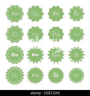 Bio stickers. Banner for bioproducts made of biological resources in agriculture, forestry or biologically-derived waste. Simple flat vector illustration. Stock Vector