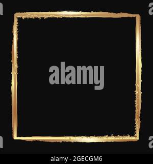 Gold or copper square frame with glowing effect and glitter on a dark background. For packaging design, photographs. Vector illustration. Stock Vector