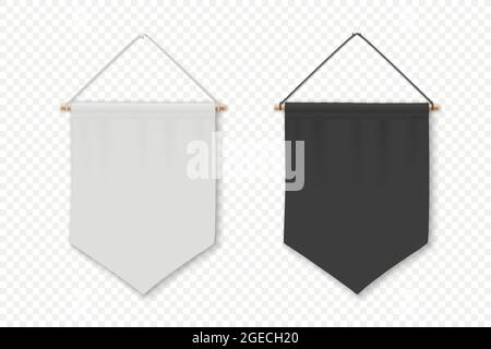 Vector 3d Realistic Blank White and Black Pennant Wall Hanging, Design Template, Mockup. Pennant Closeup Isolated. Empty Fabric Flag, Advertising Stock Vector