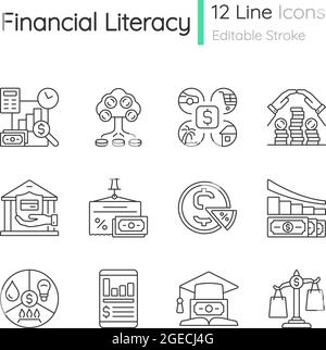 Financial literacy linear icons set Stock Vector