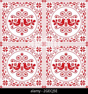 Christmas folk art vector seamless pattern with birds, Xmas trees and snowflakes, Scandinavian textile or fabric print design Stock Vector