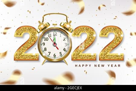 Christmas numbers 2022 with golden alarm clock, arrows point to New Year - concept. Confetti gold. 3D realistic illustration. Light background. Vector Stock Vector