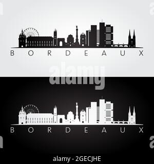 Bordeaux skyline and landmarks silhouette, black and white design, vector illustration. Stock Vector